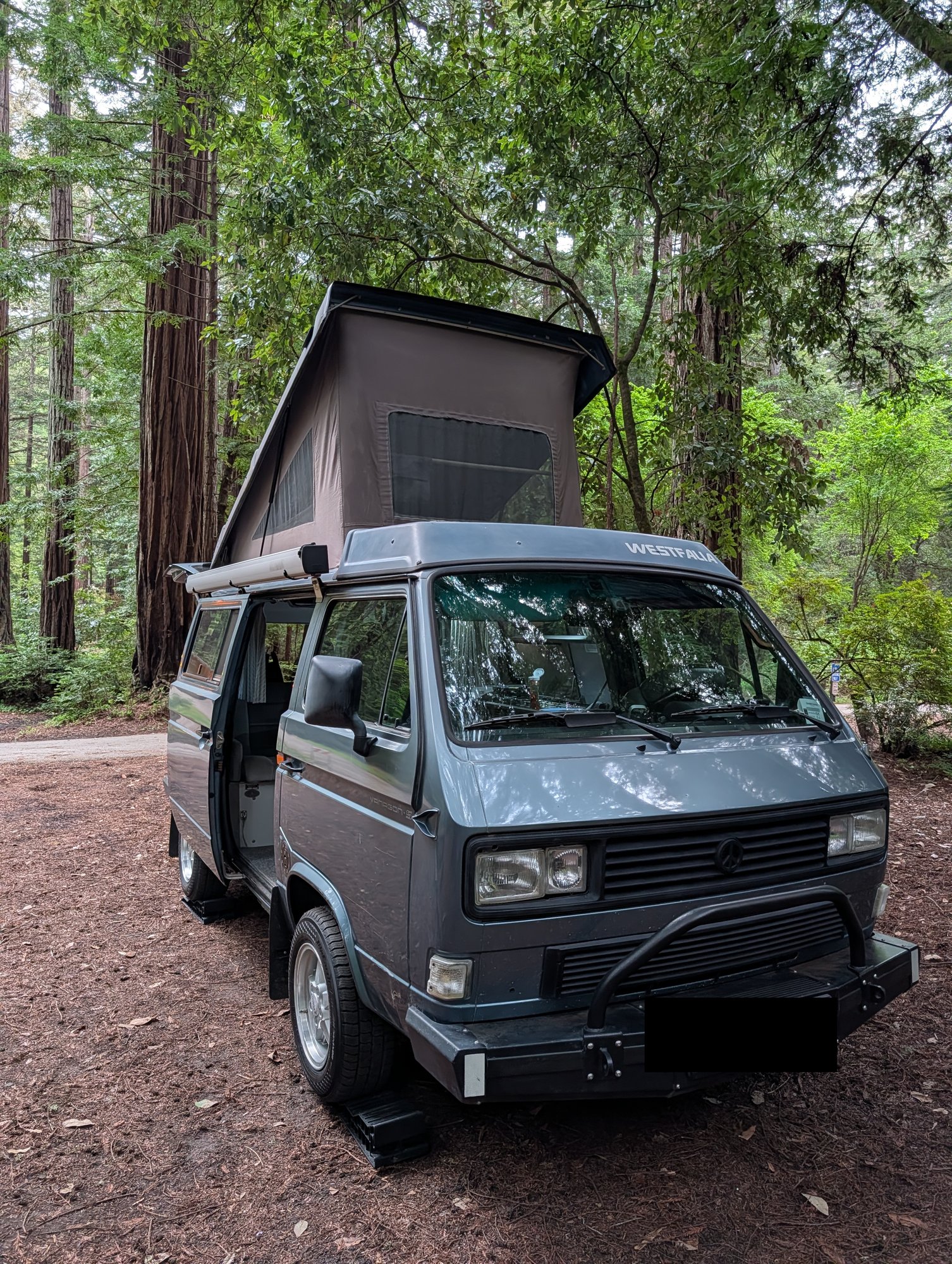 1987 VW Vanagon Westfalia parked among redwoods with pop-top extended